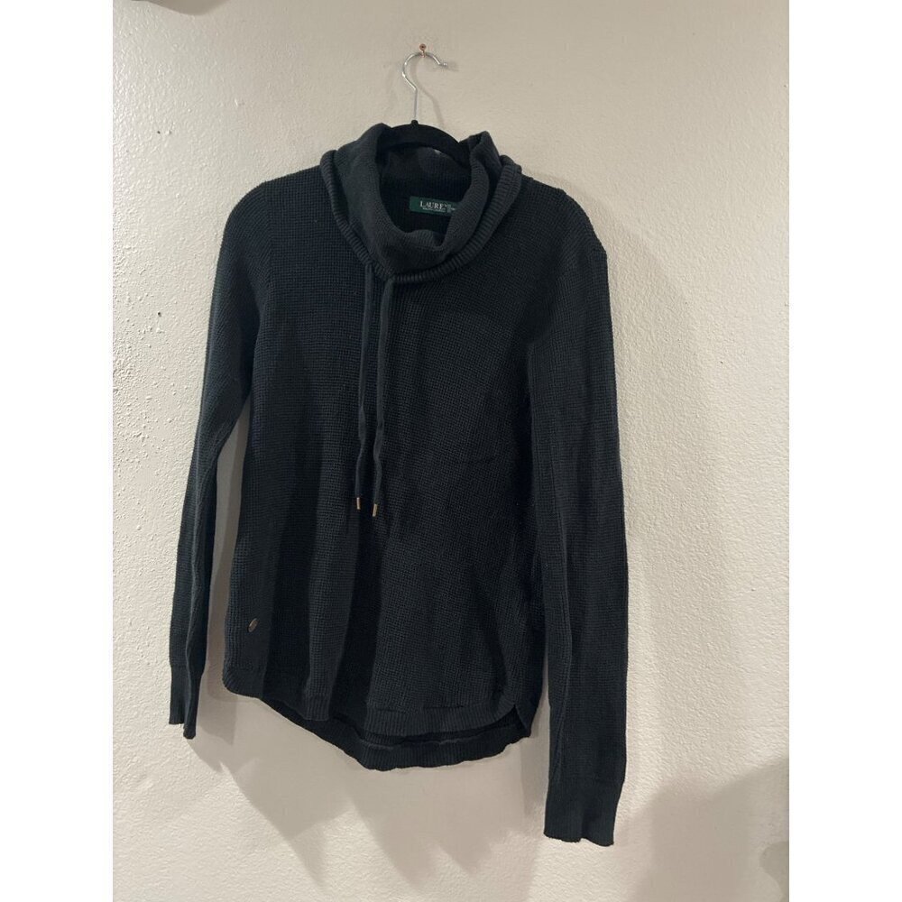Lauren Ralph Lauren Thermal Sweater Women's Black Knit Cowl Neck Pullover Large